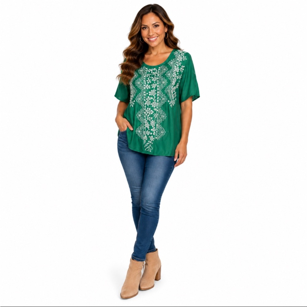 Johnny Was Emerald Green Embroidered Tunic Top